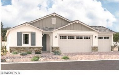 craftsman inspired home featuring board and batten siding, decorative driveway, stone siding, and an attached garage