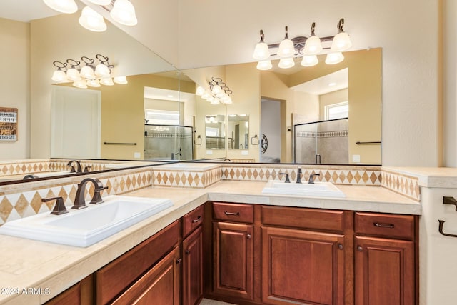 bathroom featuring vanity and a shower with door