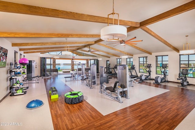 workout area featuring hardwood / wood-style floors, vaulted ceiling, and ceiling fan