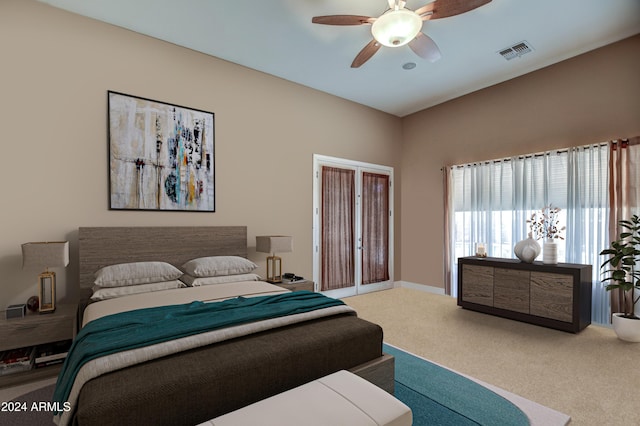 bedroom featuring a ceiling fan, carpet, visible vents, and baseboards