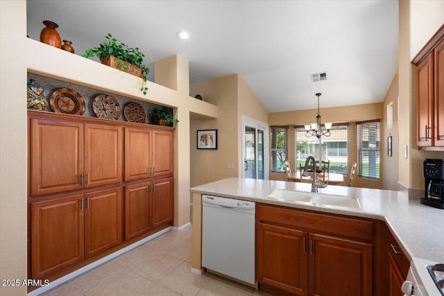 kitchen with white dishwasher, hanging light fixtures, stove, sink, and an inviting chandelier