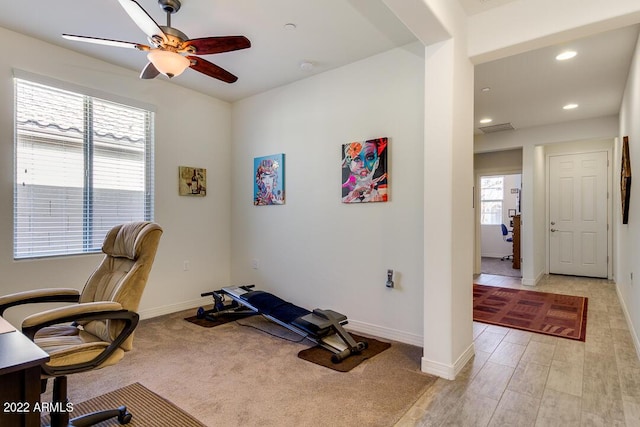 office area featuring ceiling fan and light hardwood / wood-style flooring