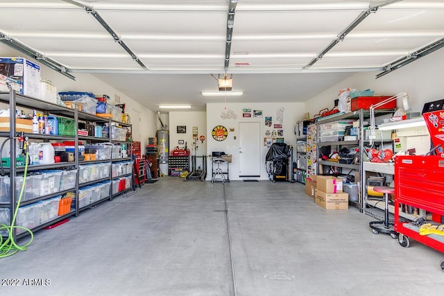 garage featuring a garage door opener and gas water heater