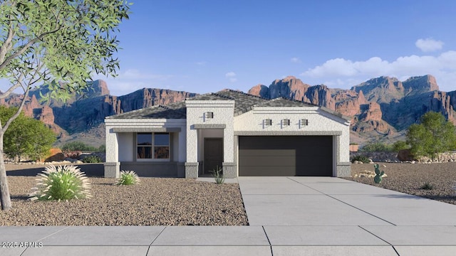28242 N Nealite Dr, San Tan Valley, AZ 85143 - view of front facade with an attached garage, a mountain view, driveway, and stucco siding