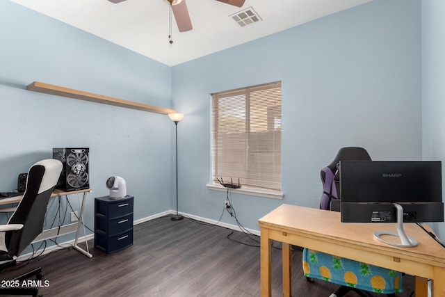 home office with visible vents, baseboards, a ceiling fan, and wood finished floors