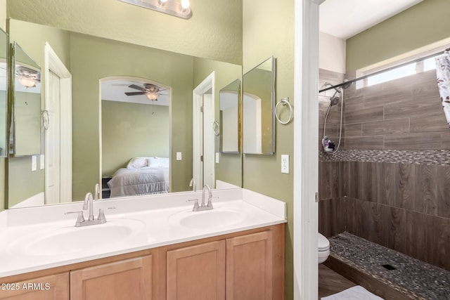 bathroom with toilet, tiled shower, ensuite bathroom, and a sink