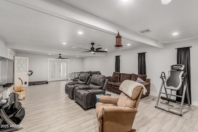 505 S S Rdg, Mesa, AZ 85204 - home theater with recessed lighting, light wood finished floors, ceiling fan, and beam ceiling