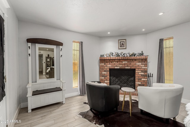 505 S S Rdg, Mesa, AZ 85204 - living room with a brick fireplace, wood finished floors, and recessed lighting