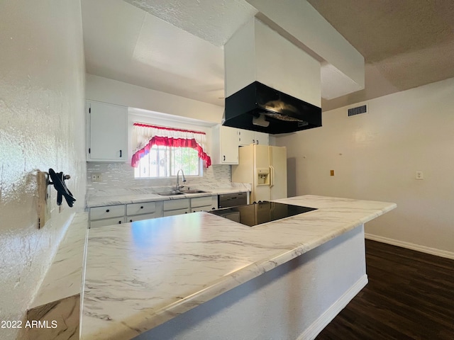 kitchen with white cabinets, sink, backsplash, white fridge with ice dispenser, and dark hardwood / wood-style flooring