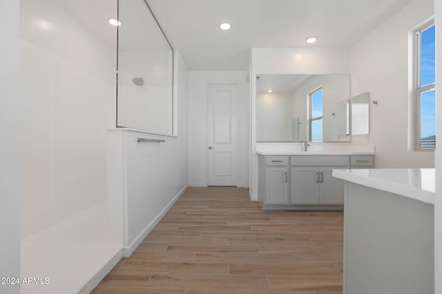 bathroom with a shower, vanity, and hardwood / wood-style flooring