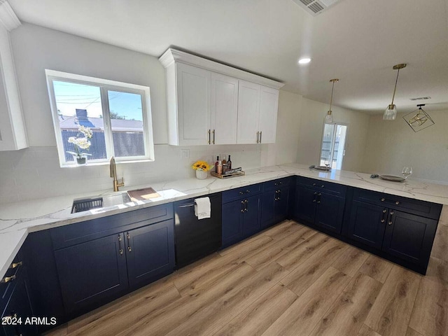 kitchen featuring sink, dishwasher, hanging light fixtures, white cabinets, and kitchen peninsula