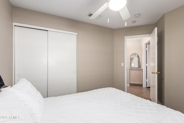 bedroom with ceiling fan and a closet