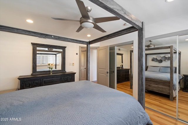 7430 E Chaparral Rd Unit A222, Scottsdale, AZ 85250 - bedroom featuring light wood-style floors, recessed lighting, and a ceiling fan
