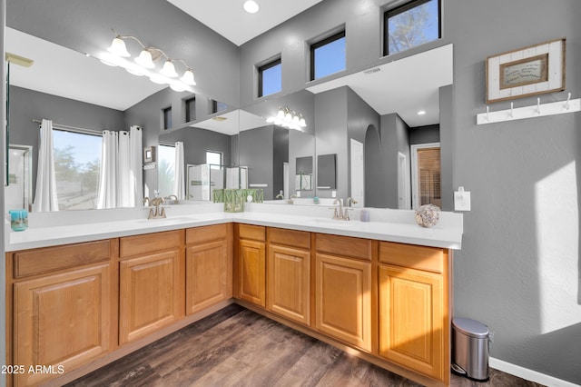 bathroom with vanity and hardwood / wood-style floors