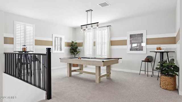 game room with baseboards, carpet flooring, pool table, and visible vents