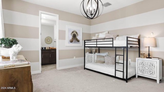 bedroom featuring baseboards, an inviting chandelier, visible vents, and light colored carpet