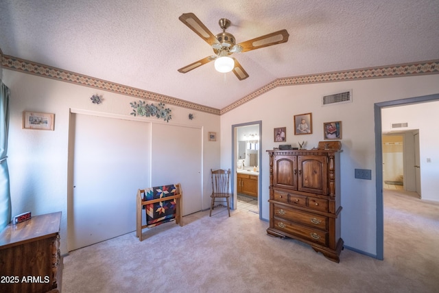 17810 N 34th Pl, Phoenix, AZ 85032 - bedroom with light colored carpet, vaulted ceiling, a textured ceiling, a closet, and ensuite bath