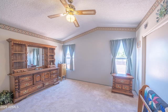 17810 N 34th Pl, Phoenix, AZ 85032 - bedroom with a textured ceiling, vaulted ceiling, carpet, and ceiling fan