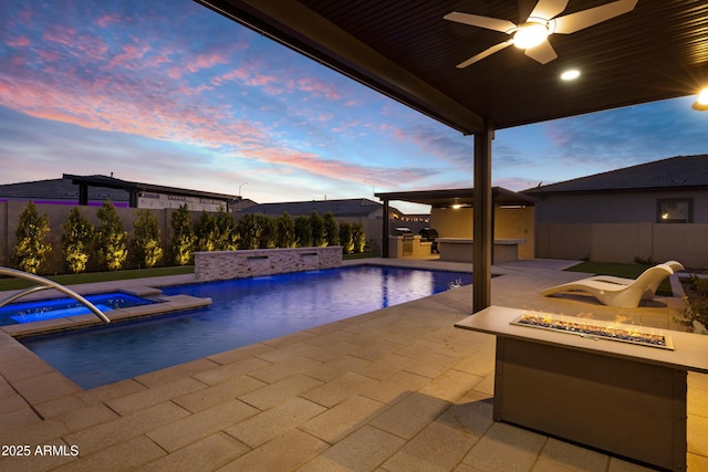 view of swimming pool featuring an outdoor fire pit, a fenced in pool, area for grilling, a fenced backyard, and an in ground hot tub