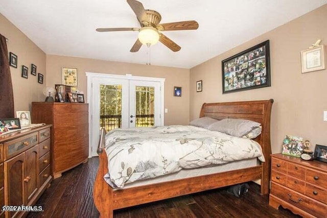 bedroom with french doors, ceiling fan, access to exterior, and dark wood-type flooring