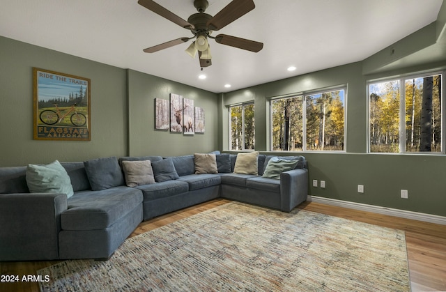 living room with light hardwood / wood-style floors and ceiling fan