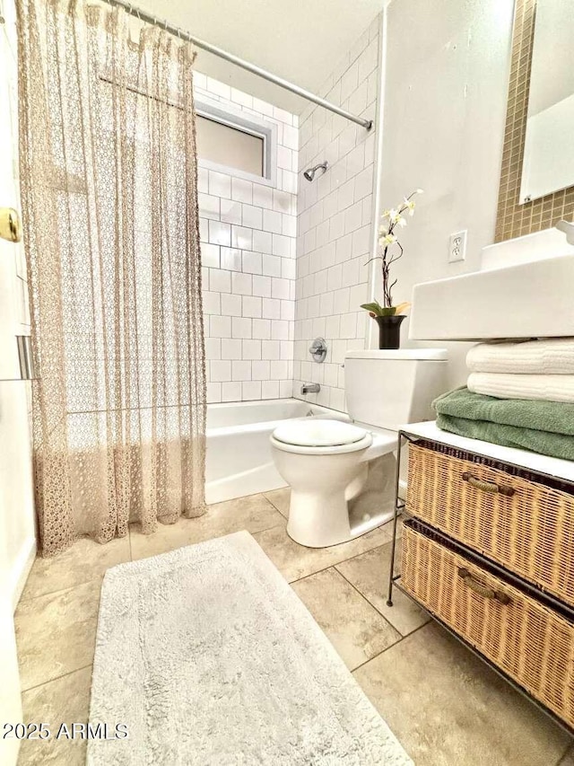 bathroom featuring toilet, tile patterned flooring, and shower / bath combination with curtain