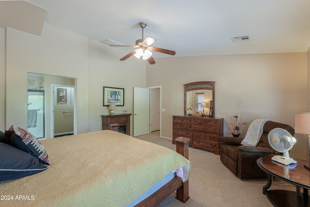 carpeted bedroom featuring high vaulted ceiling and ceiling fan