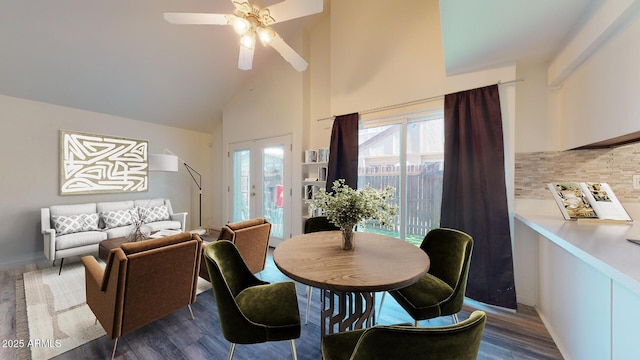 12445 N 21st Ave Unit 4, Phoenix, AZ 85029 - dining area with high vaulted ceiling, ceiling fan, and wood finished floors