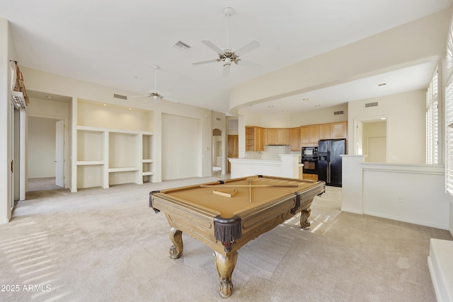 game room featuring pool table, built in features, light colored carpet, and ceiling fan