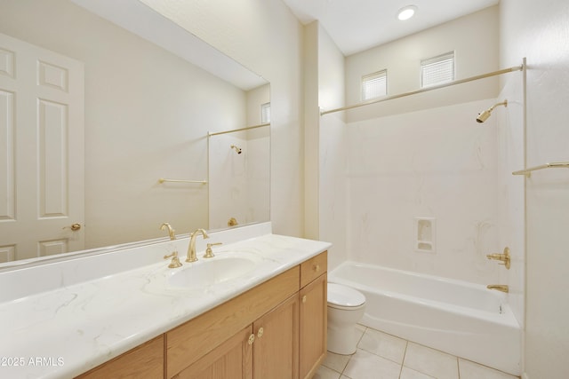 full bathroom featuring vanity, tile patterned floors, toilet, and shower / bathing tub combination