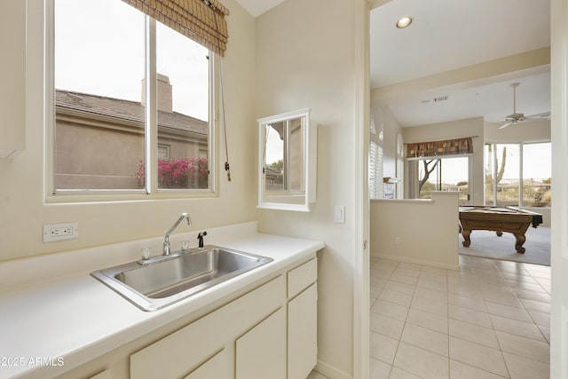 bathroom featuring sink, tile patterned floors, billiards, and ceiling fan