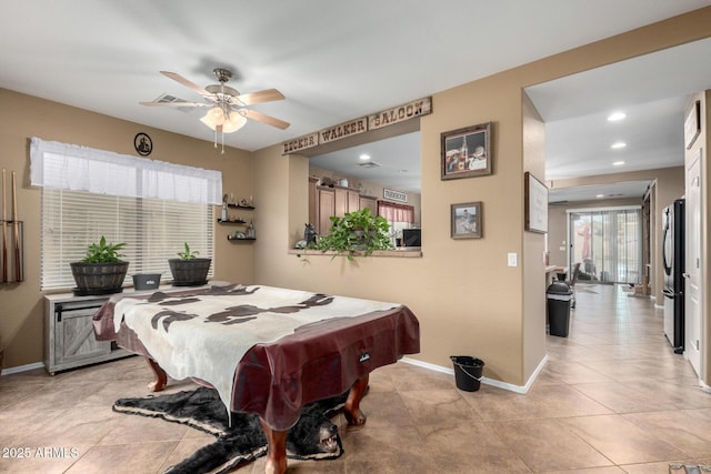 playroom with ceiling fan, light tile patterned floors, and pool table