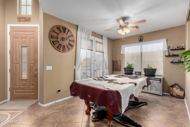 rec room featuring ceiling fan, light tile patterned floors, and billiards