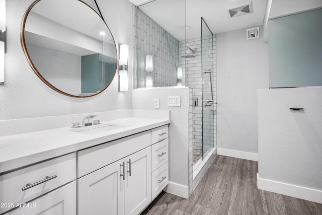 9340 N 92nd St Unit 118, Scottsdale, AZ 85258 - full bathroom featuring baseboards, visible vents, a shower stall, vanity, and wood finished floors