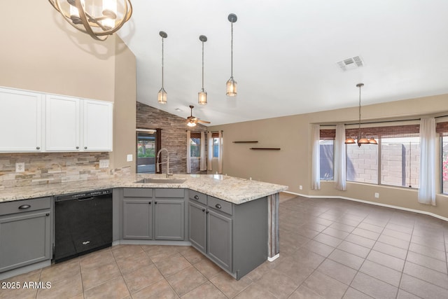 5733 E Jaeger St, Mesa, AZ 85205 - kitchen featuring dishwasher, gray cabinetry, a peninsula, plenty of natural light, and high vaulted ceiling