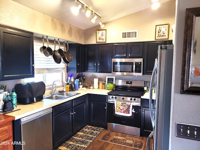 kitchen featuring vaulted ceiling, appliances with stainless steel finishes, dark hardwood / wood-style floors, and sink