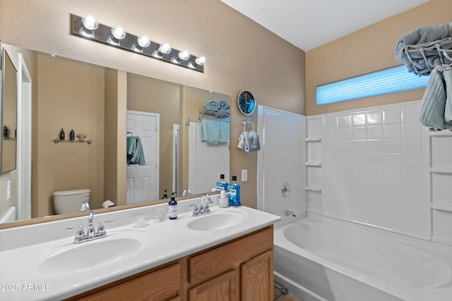 full bathroom featuring toilet, shower / bath combination, and vanity