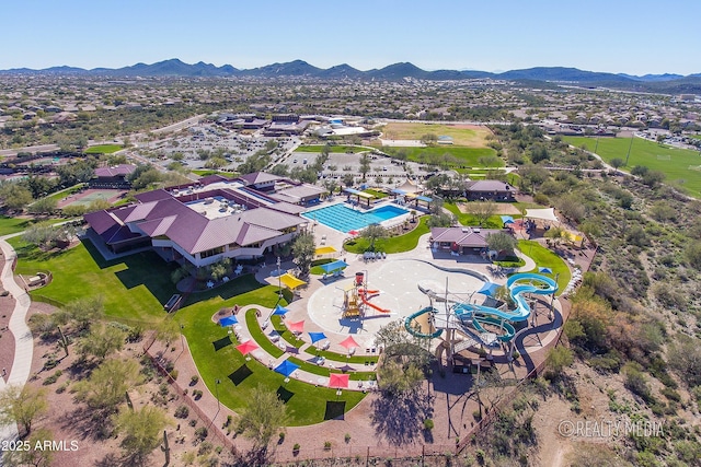 drone / aerial view with a mountain view