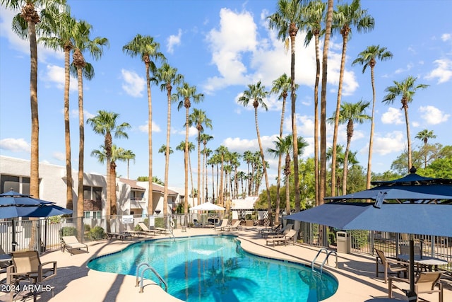 view of swimming pool with a patio area