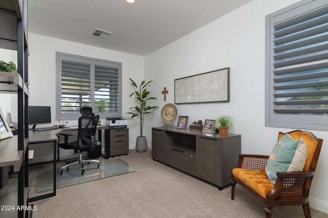 view of carpeted home office