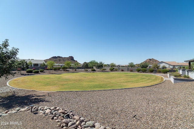 view of community with a lawn and a mountain view