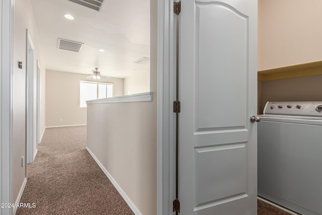 laundry room with ceiling fan, dark carpet, and washer / clothes dryer