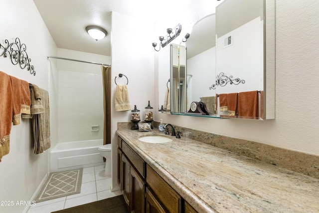 full bathroom with shower / tub combo with curtain, visible vents, toilet, vanity, and tile patterned flooring