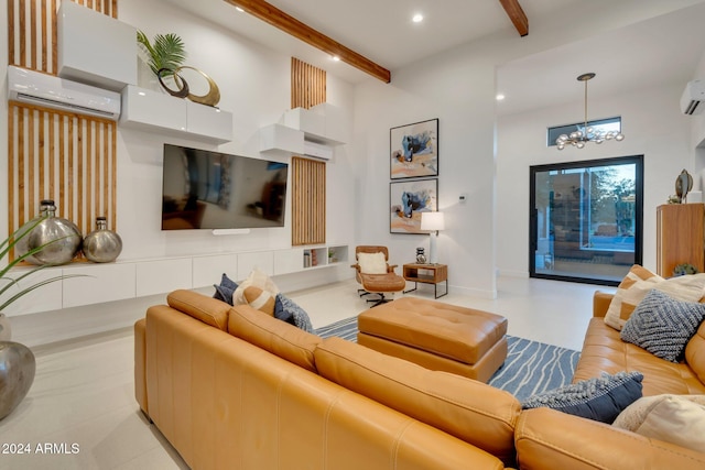 living area with recessed lighting, a towering ceiling, a wall mounted AC, a chandelier, and beamed ceiling