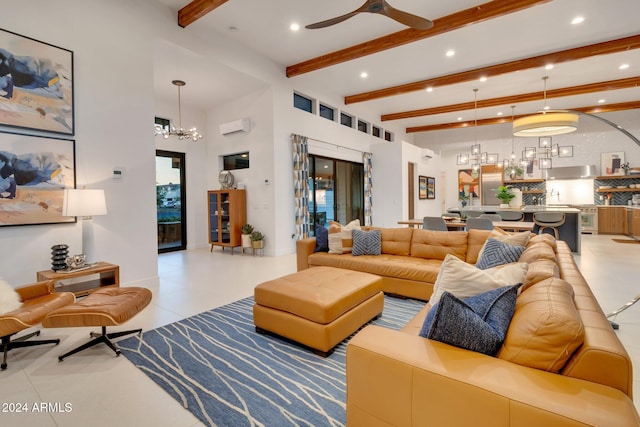 tiled living area featuring recessed lighting, a high ceiling, beam ceiling, and ceiling fan with notable chandelier