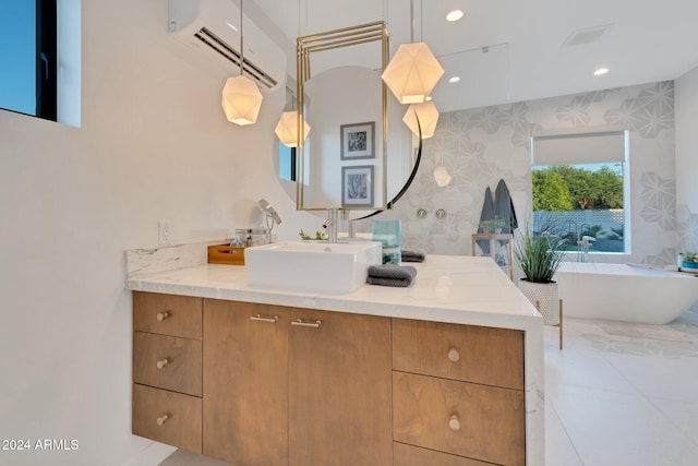 bathroom with wallpapered walls, a wall mounted air conditioner, a freestanding bath, vanity, and recessed lighting