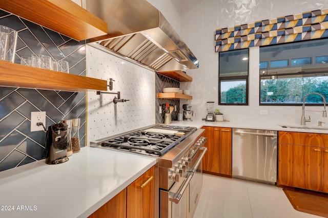 kitchen with stainless steel appliances, open shelves, brown cabinetry, and a sink