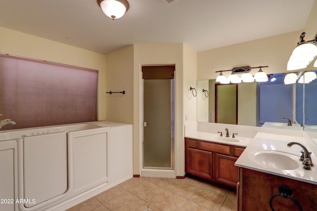 bathroom with an enclosed shower, tile floors, and double vanity