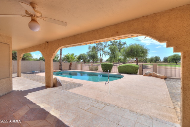 view of pool with a patio area and ceiling fan