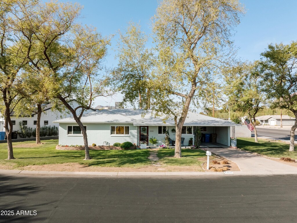 view of front facade featuring concrete driveway, a carport, and a front lawn